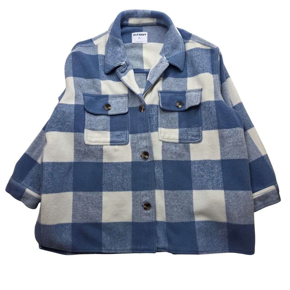 Old Navy Womens XXL Blue Buffalo Plaid Fleece Shirt Jacket Shacket Oversized